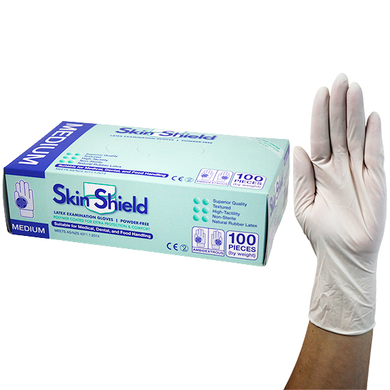 Skin Shield Latex Powder Free Medium Cream Gloves AS/NZ HACCP 100 Box x10