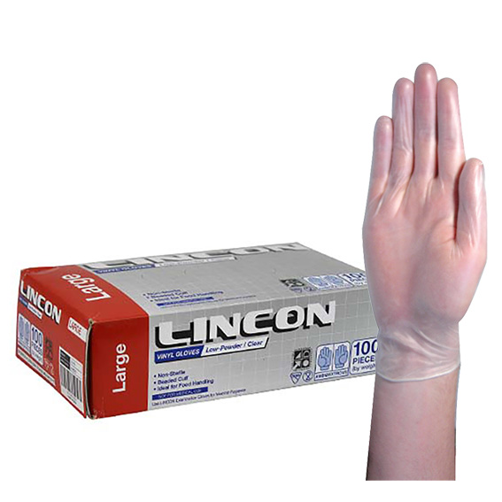 Lincon Vinyl Low Powder Gloves 5.5g Large Clear HACCP Grade 100 Box