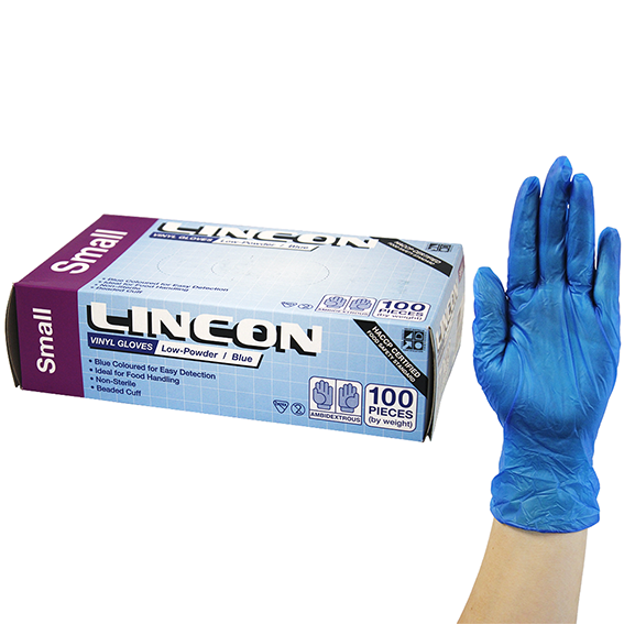 Lincon Vinyl Low Powder Gloves 4.5g Small Blue HACCP Grade 100 Box x10