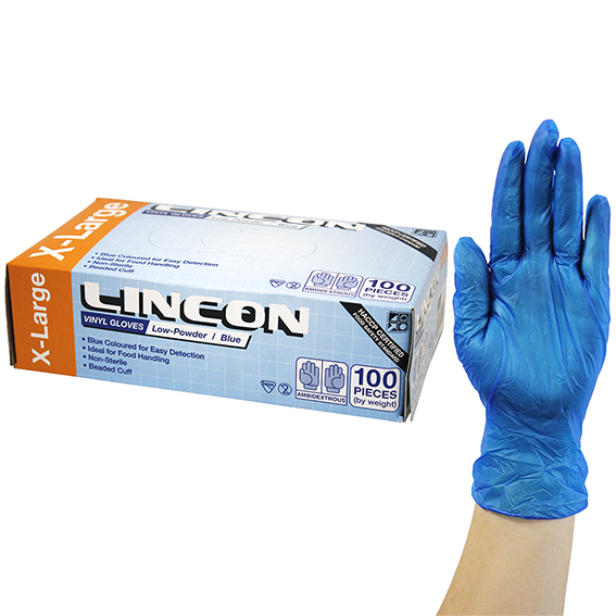 Lincon Vinyl Low Powder Gloves 6.0g Extra Large Blue HACCP Grade 100 Box 1000 Carton