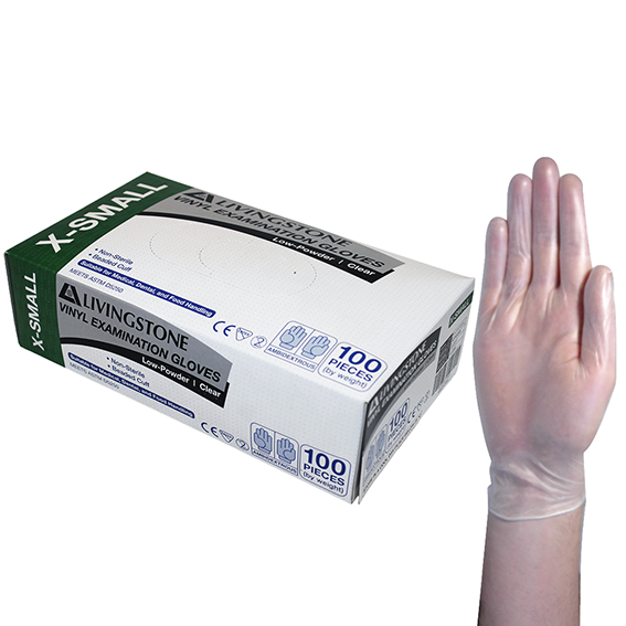 Livingstone Vinyl Low Powder Gloves 5.0g Extra Small Clear 100 Box x10